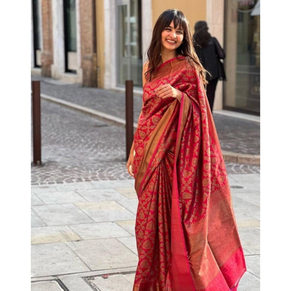 Generic Women's Litchi silk Printed Saree With Unstitched Blouse (Red)