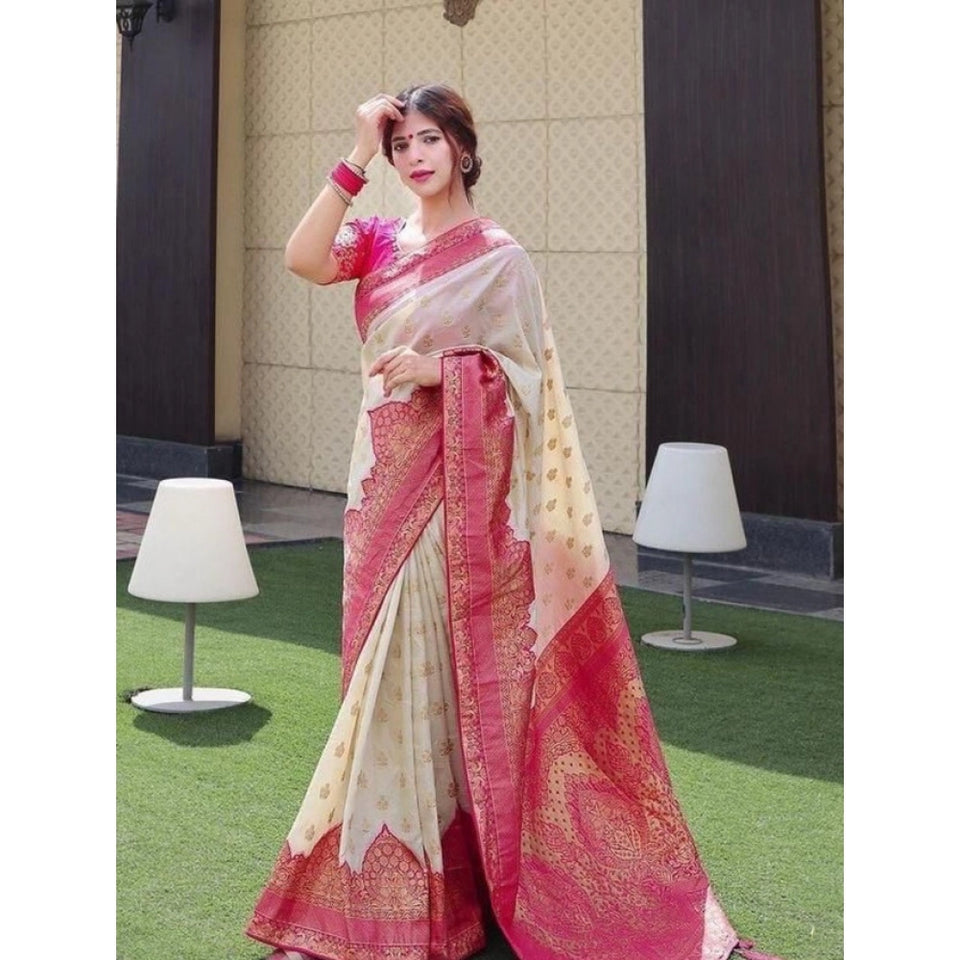 Generic Women's Litchi silk Printed Saree With Unstitched Blouse (Half White)