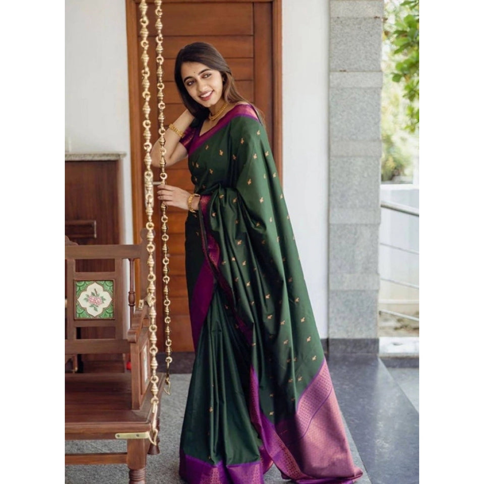 Generic Women's Litchi silk Printed Saree With Unstitched Blouse (Dark Green)