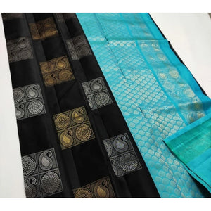 Generic Women's Litchi silk Printed Saree With Unstitched Blouse (Black With Blue)
