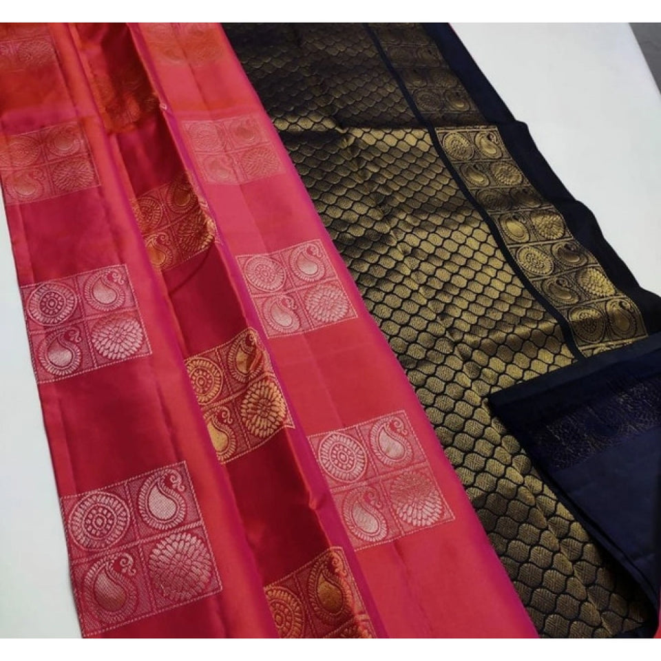 Generic Women's Litchi silk Printed Saree With Unstitched Blouse (Red)