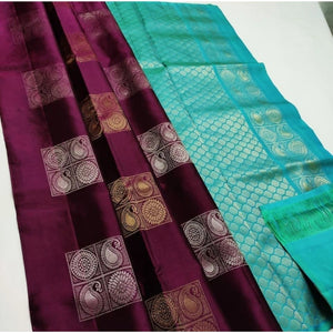 Generic Women's Litchi silk Printed Saree With Unstitched Blouse (Maroon With Turquise Green)