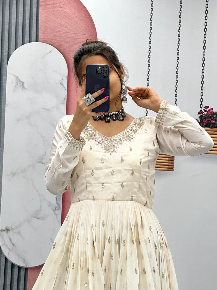 Ivory Embroidered Flared Gown - Elegant Ethnic Wear