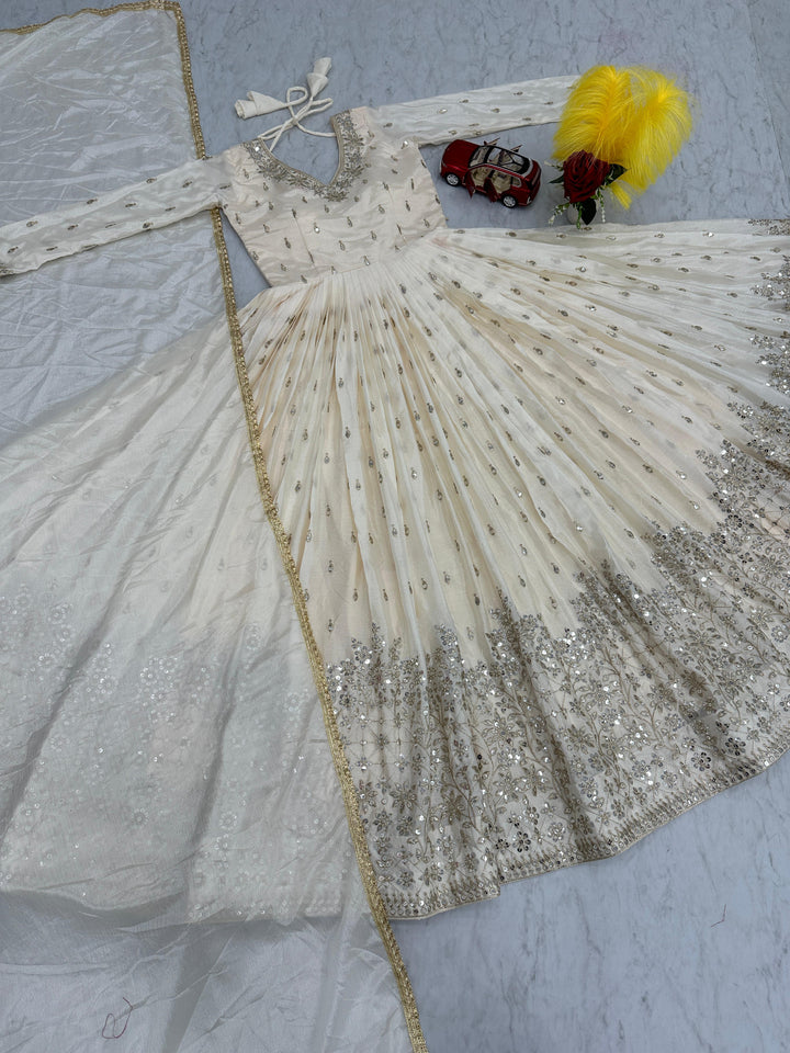 Ivory Embroidered Flared Gown - Elegant Ethnic Wear