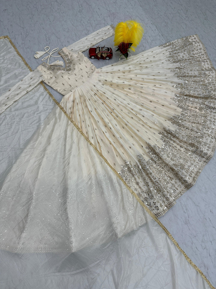 Ivory Embroidered Flared Gown - Elegant Ethnic Wear