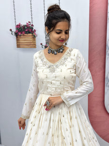 Ivory Embroidered Flared Gown - Elegant Ethnic Wear