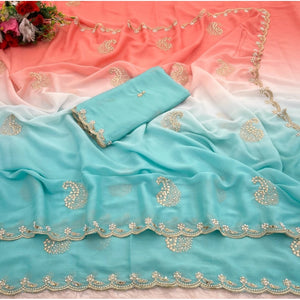 Generic Women's Digital Printed  Geogette Saree With Unstitched Blouse (Blue, 5-6 Mtrs)