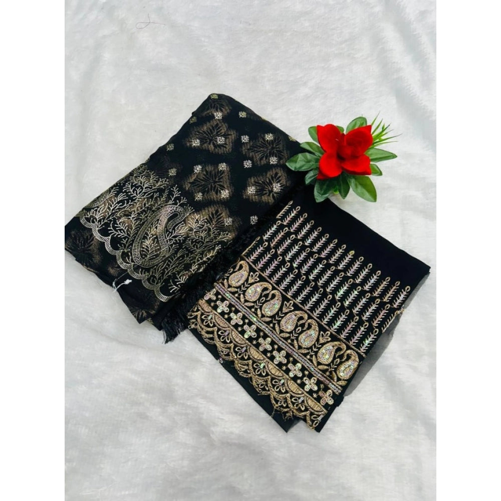 Generic Women's Embroidered Georgette Saree With Unstitched Blouse (Black, 5-6 Mtrs)