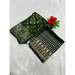 Generic Women's Embroidered Georgette Saree With Unstitched Blouse (Dark Green, 5-6 Mtrs)