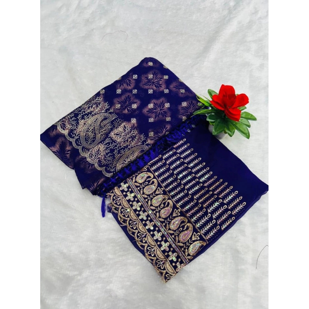 Generic Women's Embroidered Georgette Saree With Unstitched Blouse (Purple, 5-6 Mtrs)