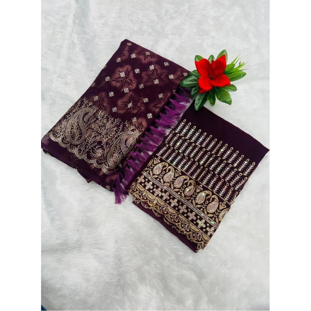 Generic Women's Embroidered Georgette Saree With Unstitched Blouse (Magenta, 5-6 Mtrs)