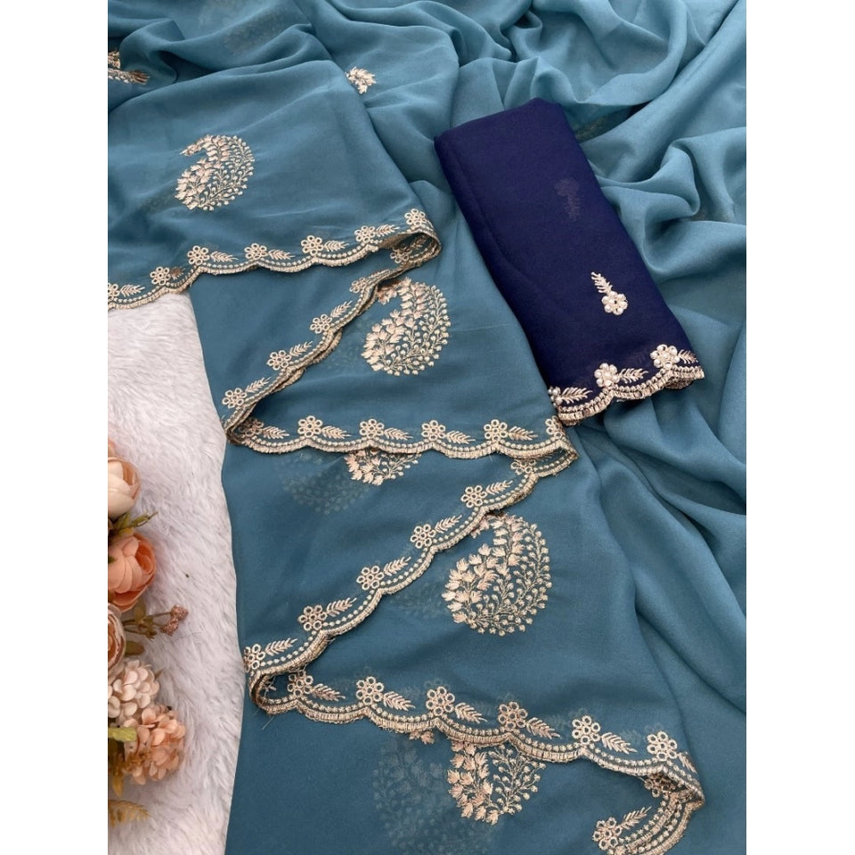 Generic Women's Digital Printed  Georgette Saree With Unstitched Blouse (Sky, 5-6 Mtrs)