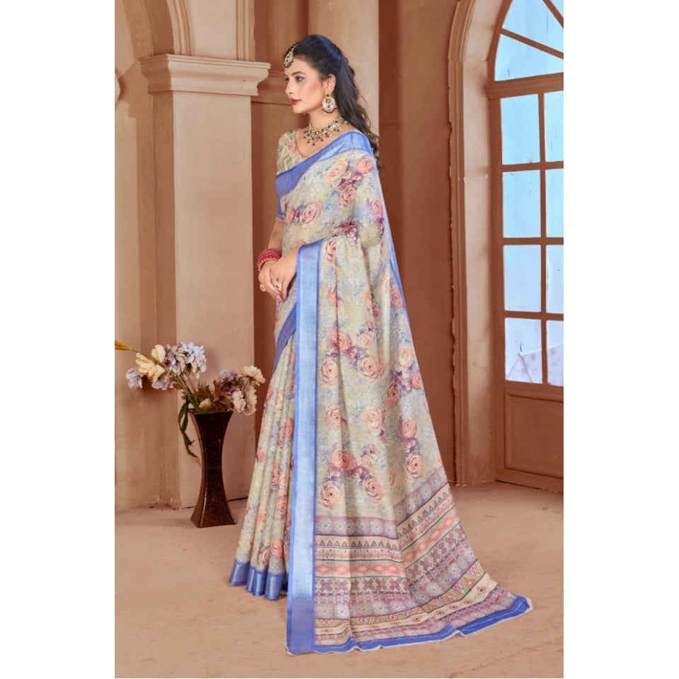Generic Women's Printed Cotton Linen Saree withPrinted  Saree With Unstitched Blouse (Beige, 5-6Mtrs)
