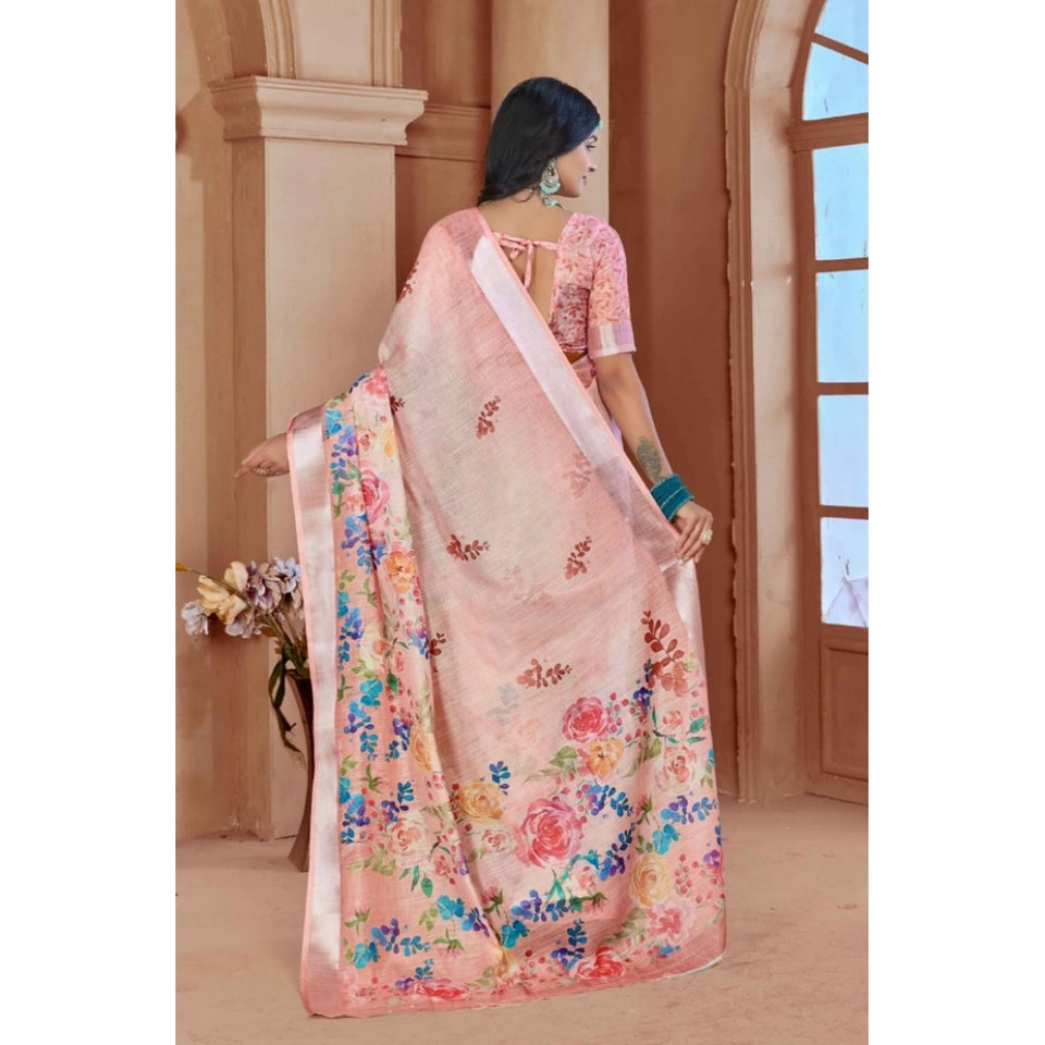 Generic Women's Printed Cotton Linen Saree withPrinted  Saree With Unstitched Blouse (Pink , 5-6Mtrs)