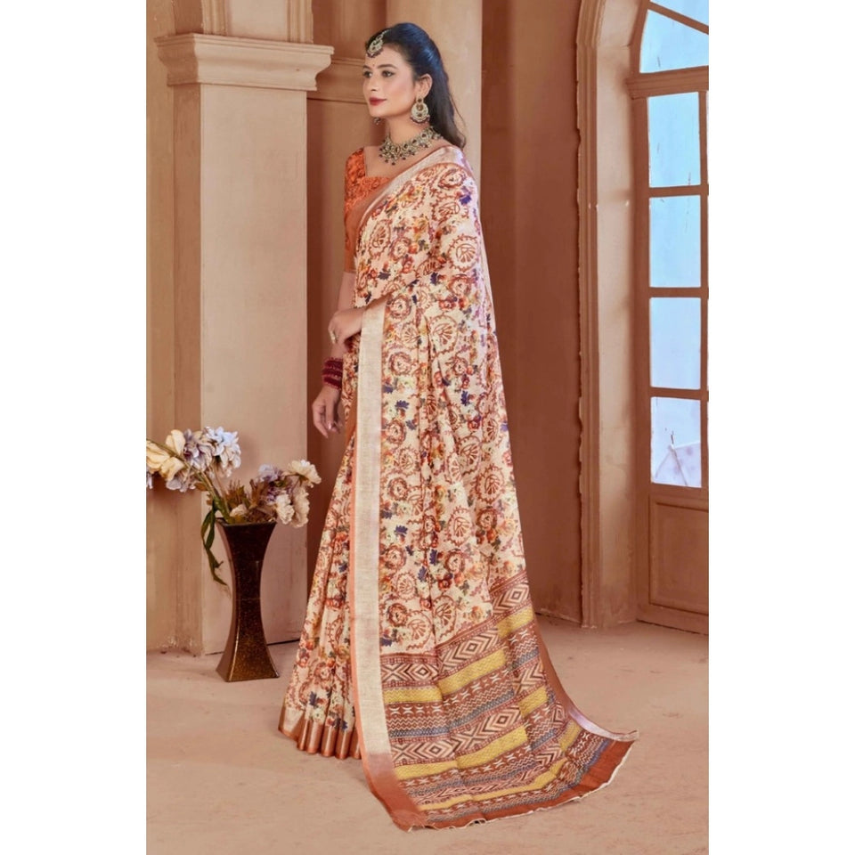 Generic Women's Printed Cotton Linen Saree withPrinted  Saree With Unstitched Blouse (Orange , 5-6Mtrs)