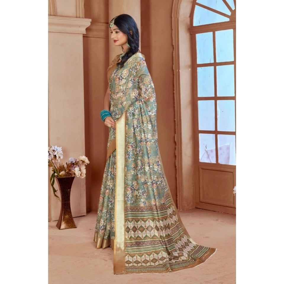 Generic Women's Printed Cotton Linen Saree withPrinted  Saree With Unstitched Blouse (Green, 5-6Mtrs)