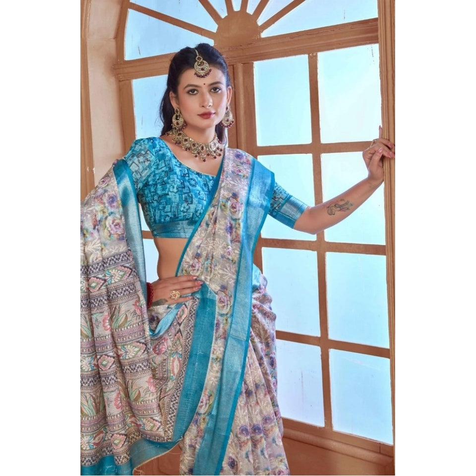 Generic Women's Printed Cotton Linen Saree withPrinted  Saree With Unstitched Blouse (Rust  , 5-6Mtrs)