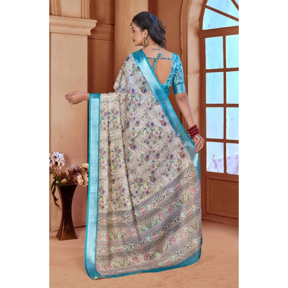 Generic Women's Printed Cotton Linen Saree withPrinted  Saree With Unstitched Blouse (Rust  , 5-6Mtrs)