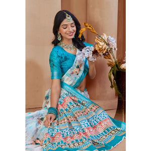 Generic Women's Printed Cotton Linen Saree withPrinted  Saree With Unstitched Blouse (Blue, 5-6Mtrs)