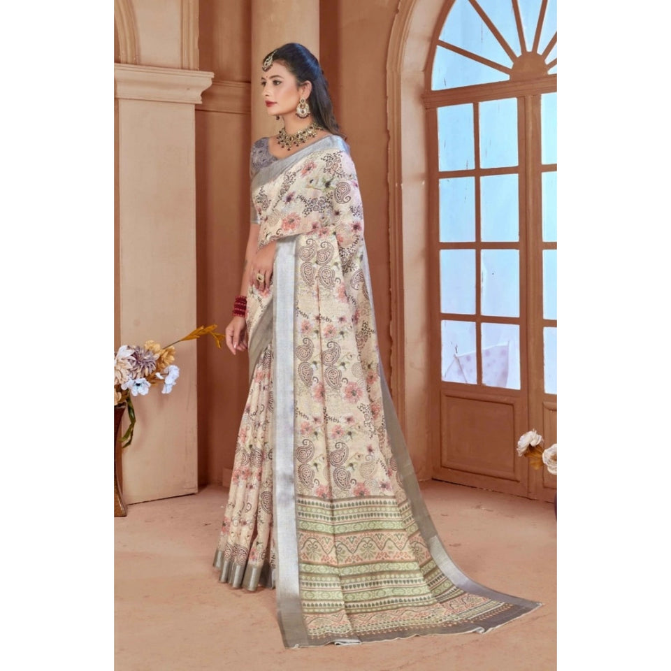 Generic Women's Printed Cotton Linen Saree withPrinted  Saree With Unstitched Blouse (Beige, 5-6Mtrs)