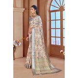Generic Women's Printed Cotton Linen Saree withPrinted  Saree With Unstitched Blouse (Beige, 5-6Mtrs)