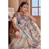 Generic Women's Printed Cotton Linen Saree withPrinted  Saree With Unstitched Blouse (Beige, 5-6Mtrs)
