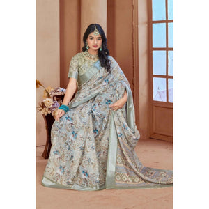 Generic Women's Printed Cotton Linen Saree withPrinted  Saree With Unstitched Blouse (Mint Green, 5-6Mtrs)