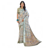 Generic Women's Printed Cotton Linen Saree withPrinted  Saree With Unstitched Blouse (Mint Green, 5-6Mtrs)