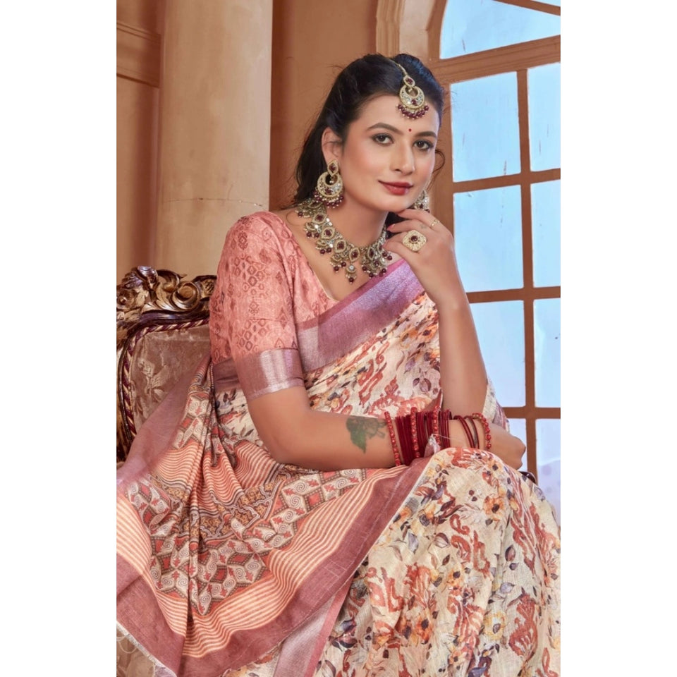Generic Women's Printed Cotton Linen Saree withPrinted  Saree With Unstitched Blouse (Beige, 5-6Mtrs)