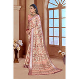 Generic Women's Printed Cotton Linen Saree withPrinted  Saree With Unstitched Blouse (Beige, 5-6Mtrs)