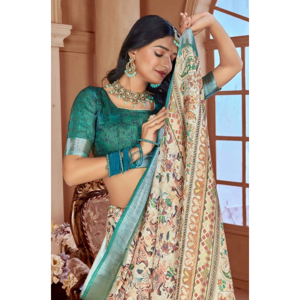 Generic Women's Printed Cotton Linen Saree withPrinted  Saree With Unstitched Blouse (Green, 5-6Mtrs)