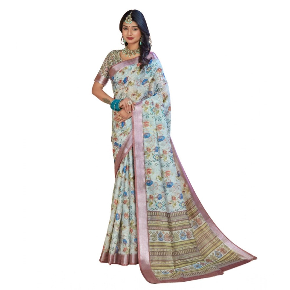 Generic Women's Printed Cotton Linen Saree withPrinted  Saree With Unstitched Blouse (Rust  , 5-6Mtrs)