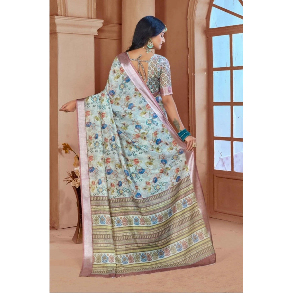 Generic Women's Printed Cotton Linen Saree withPrinted  Saree With Unstitched Blouse (Rust  , 5-6Mtrs)