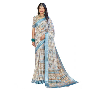 Generic Women's Printed Cotton Linen Saree withPrinted  Saree With Unstitched Blouse (Beige , 5-6Mtrs)