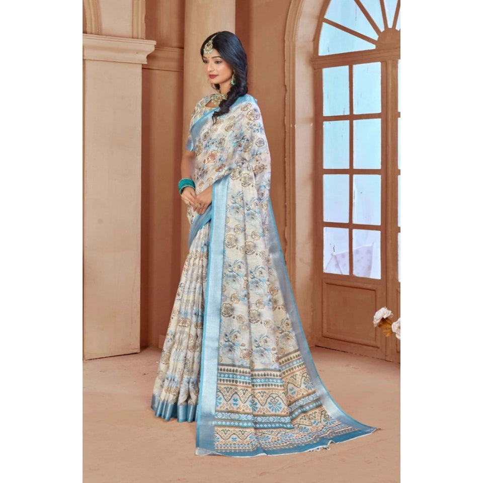 Generic Women's Printed Cotton Linen Saree withPrinted  Saree With Unstitched Blouse (Beige , 5-6Mtrs)