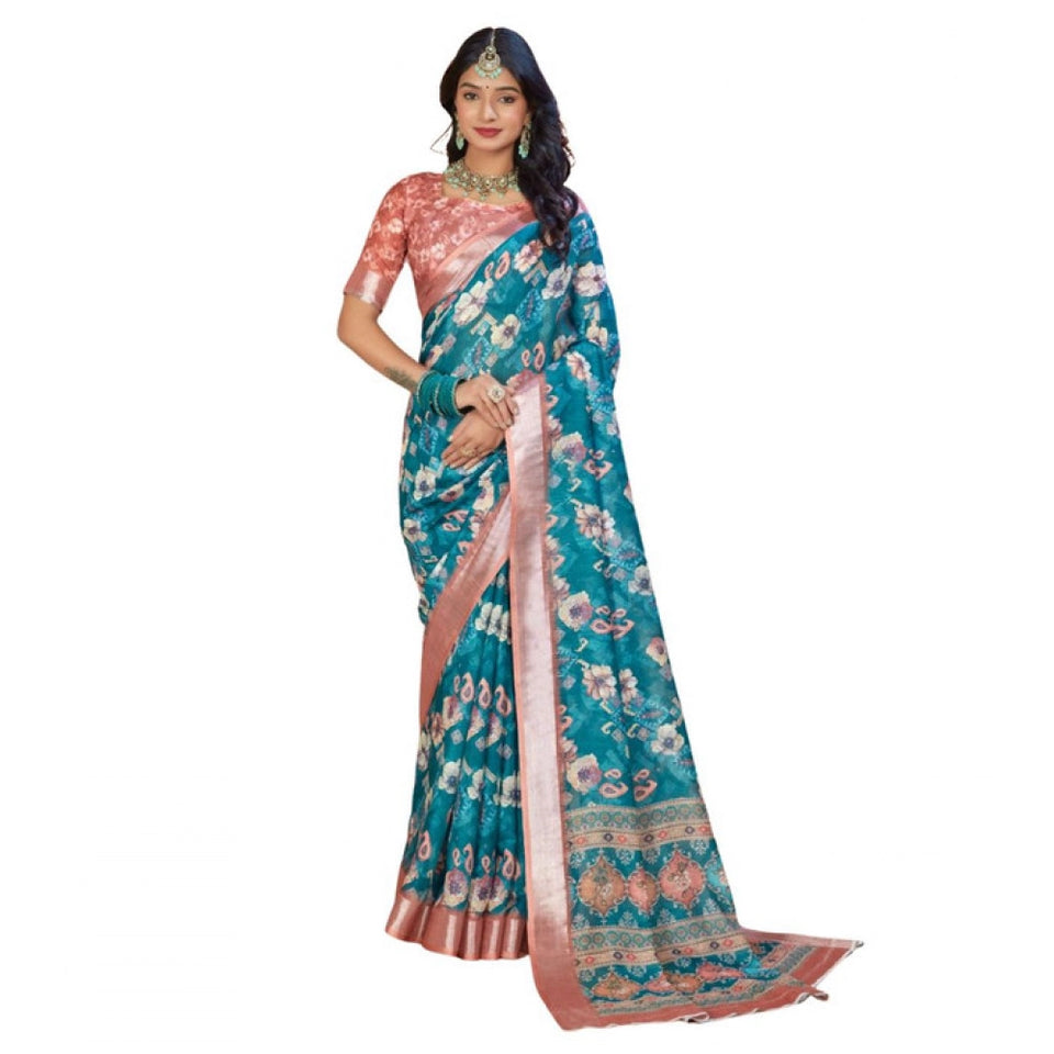 Generic Women's Printed Cotton Linen Saree withPrinted  Saree With Unstitched Blouse (Peacook Green, 5-6Mtrs)