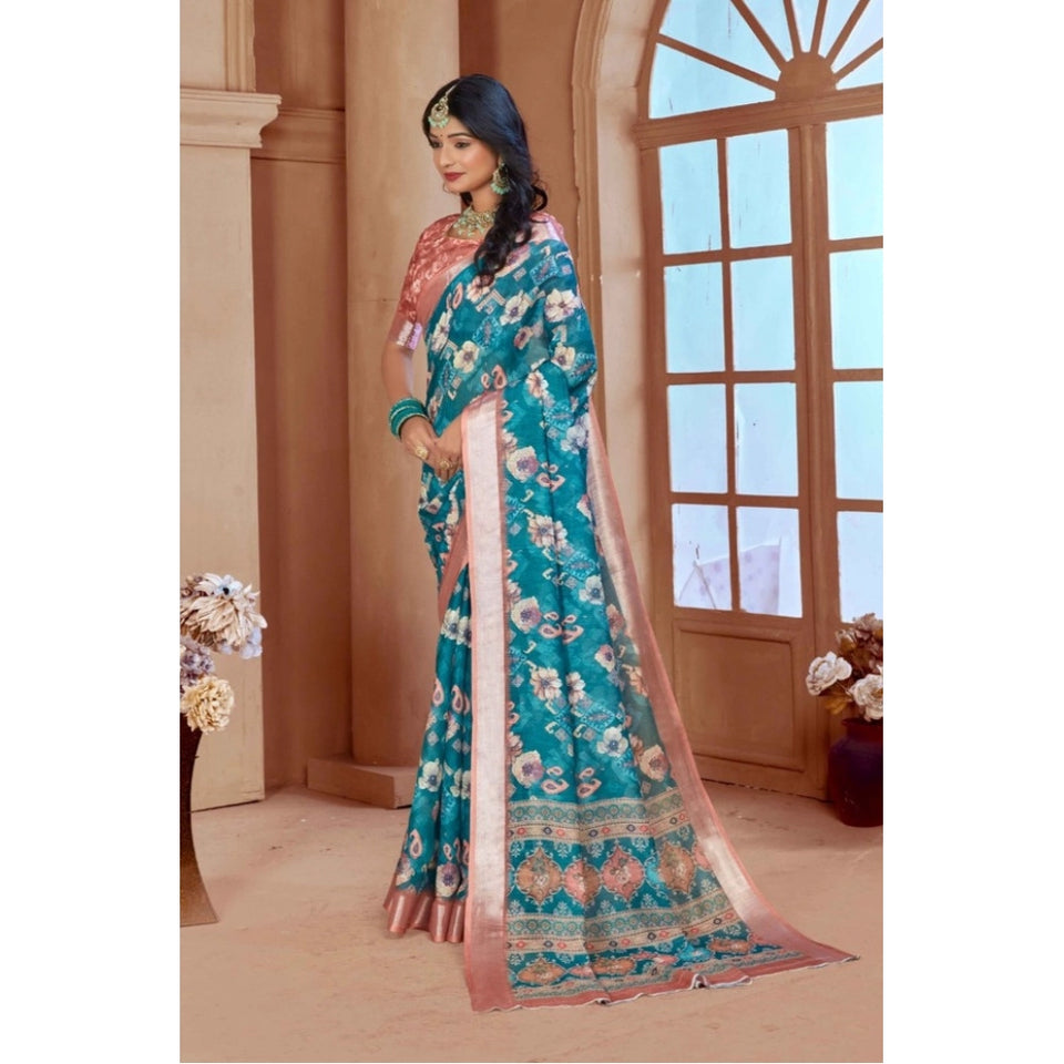 Generic Women's Printed Cotton Linen Saree withPrinted  Saree With Unstitched Blouse (Peacook Green, 5-6Mtrs)