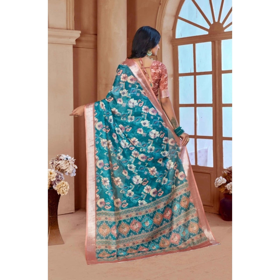 Generic Women's Printed Cotton Linen Saree withPrinted  Saree With Unstitched Blouse (Peacook Green, 5-6Mtrs)