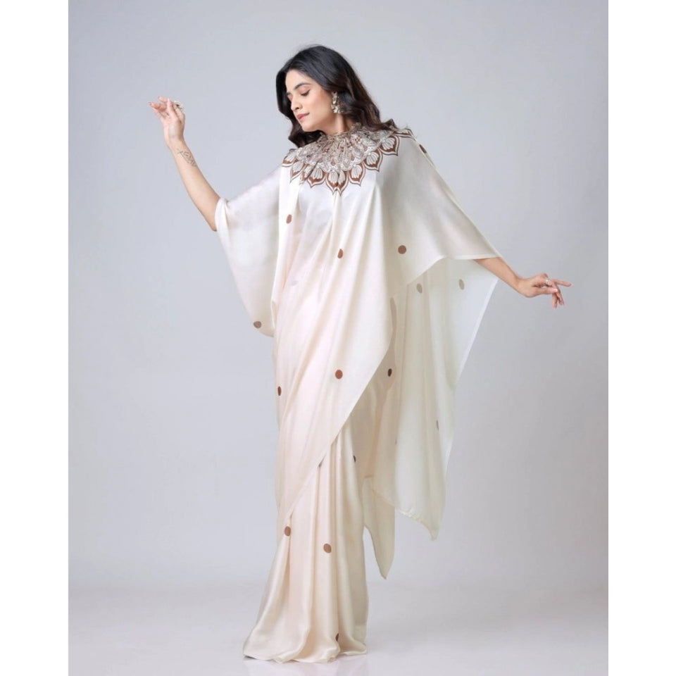 Generic Women's Soft Crepe Silk Printed Ready To Wear Saree With Unstitched Blouse 5.5Mtr (Off White)