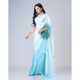 Generic Women's Soft Crepe Silk Printed Ready To Wear Saree With Unstitched Blouse 5.5Mtr (Sky Blue)