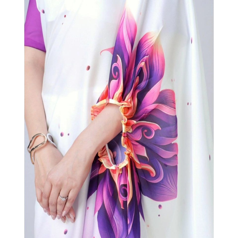 Generic Women's Soft Crepe Silk Printed Ready To Wear Saree With Unstitched Blouse 5.5Mtr (Purple)
