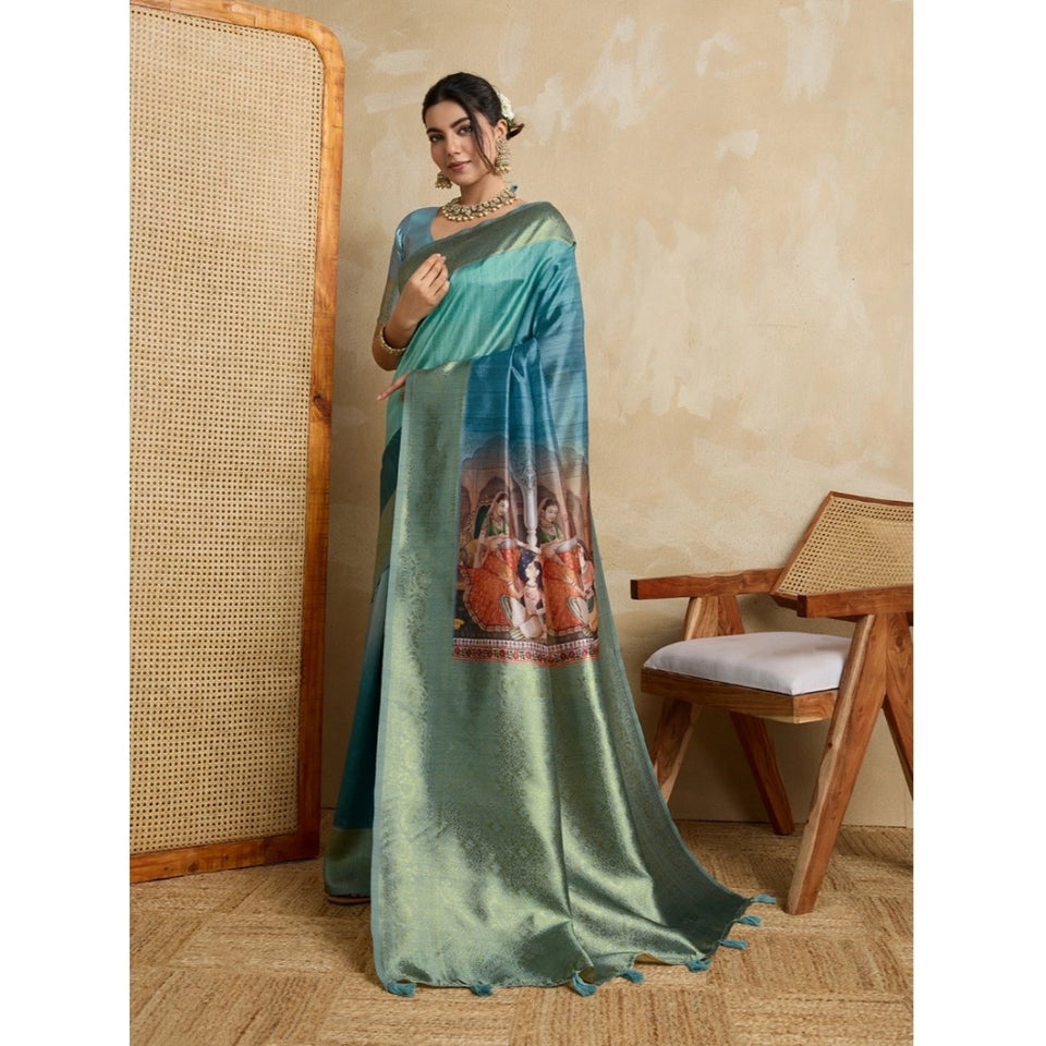 Generic Women's Silk Printed Saree With Unstitched Blouse 5.5Mtr (Blue)