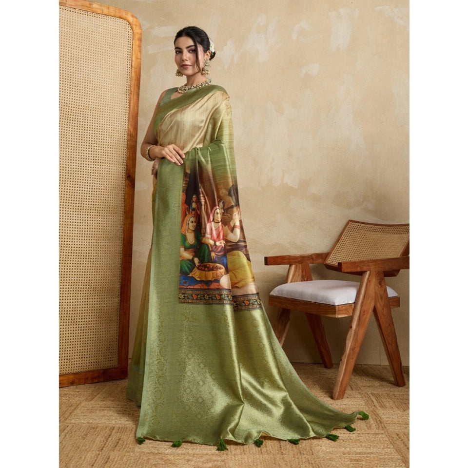 Generic Women's Silk Printed Saree With Unstitched Blouse 5.5Mtr (Mehendi)