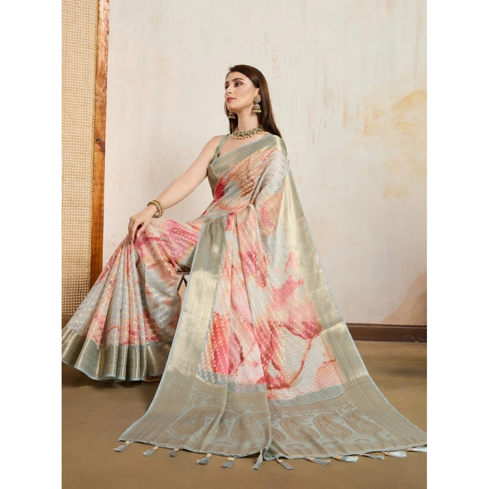 Generic Women's Viscose Printed Saree With Unstitched Blouse 5.5Mtr (Cream)
