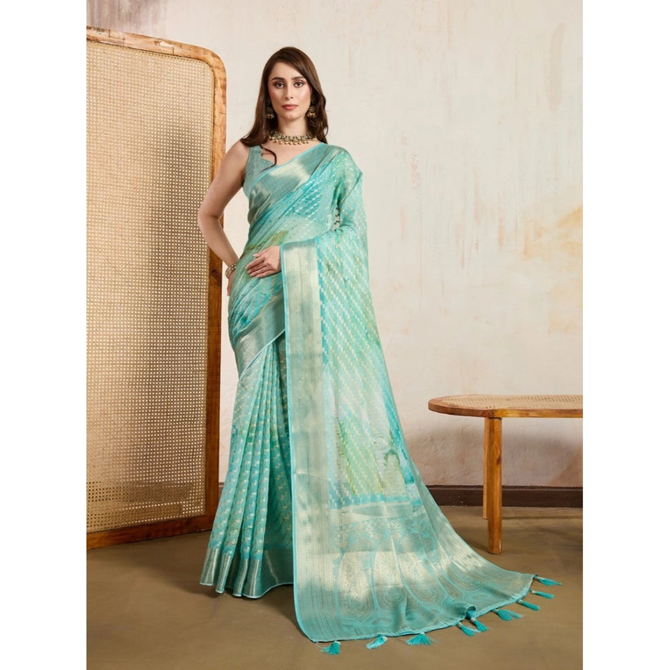 Generic Women's Viscose Printed Saree With Unstitched Blouse 5.5Mtr (Green)