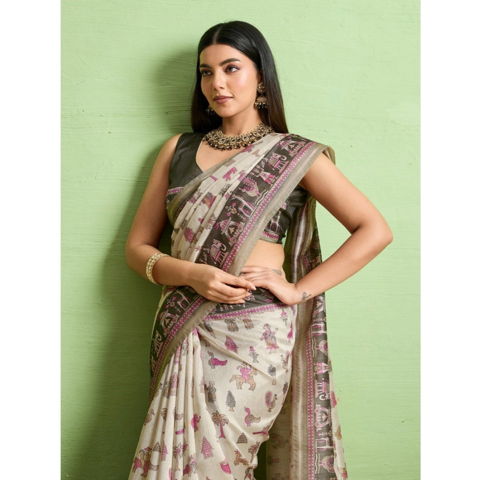 Generic Women's Silk Blend Printed Saree With Unstitched Blouse 5.5Mtr (Off White)