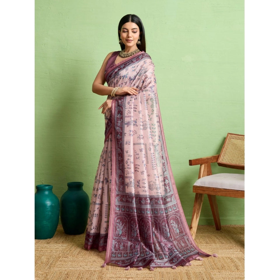 Generic Women's Silk Blend Printed Saree With Unstitched Blouse 5.5Mtr (Grey)
