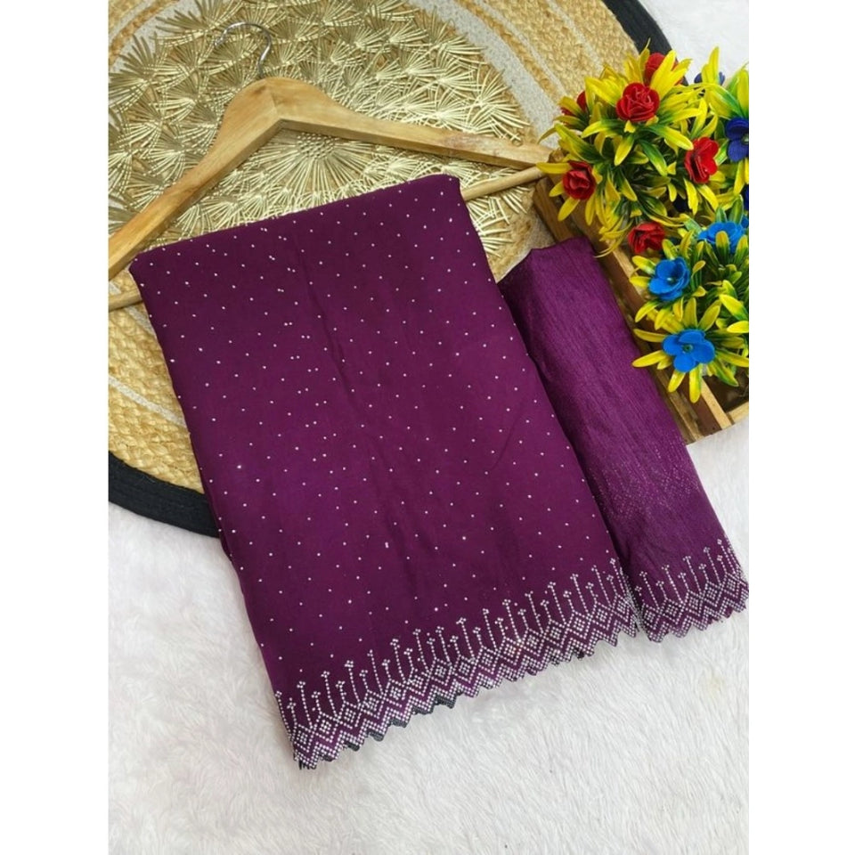Generic Women's Georgette Stone Work Saree With Unstitched Blouse 5.5Mtr (Purple)