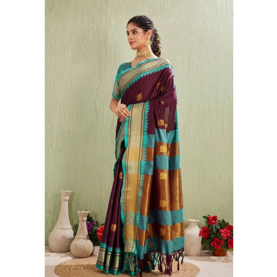 Generic Women's Silk Blended Jaquard Woven Saree With Unstitched Blouse 5.5Mtr (Purple)