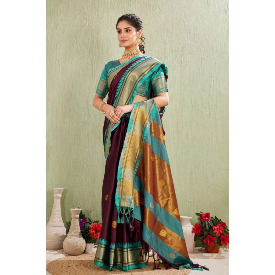 Generic Women's Silk Blended Jaquard Woven Saree With Unstitched Blouse 5.5Mtr (Purple)